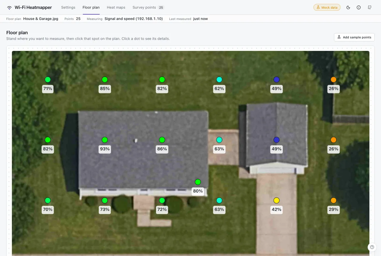 The Floor plan tab: survey points on the plan, each a coloured dot labelled with its signal percentage.